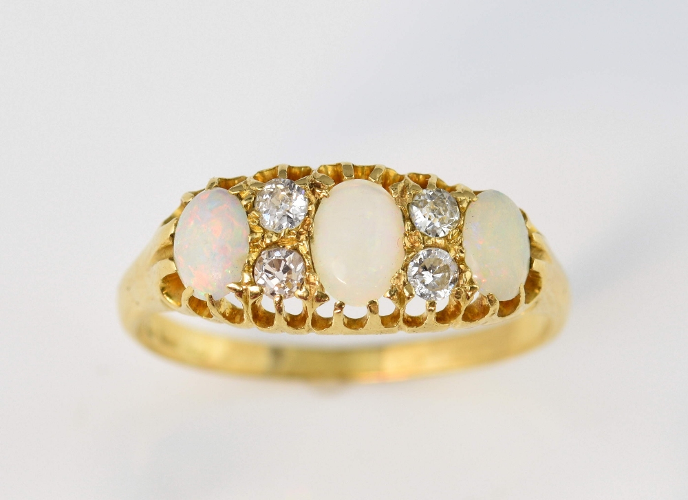 Victorian opal and diamond ring, in carved setting,18 ct, ring size Q, and a pair of later opal - Image 2 of 2