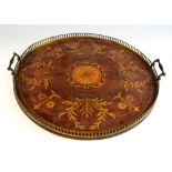 Early 20th century round mahogany marquetry inlaid tray with brass gallery and handles, 49cm
