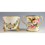 19th Century Worcester twin handle mug painted with flowers - 13 cm and a floral encrusted vase
