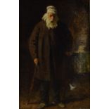 19th century full-length portrait of a bearded man wearing a white hat, unsigned, oil on canvas,