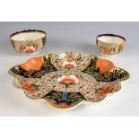 Stevenson and Hancock Crown Derby shaped dessert dish with Imari pattern with peach colours, two