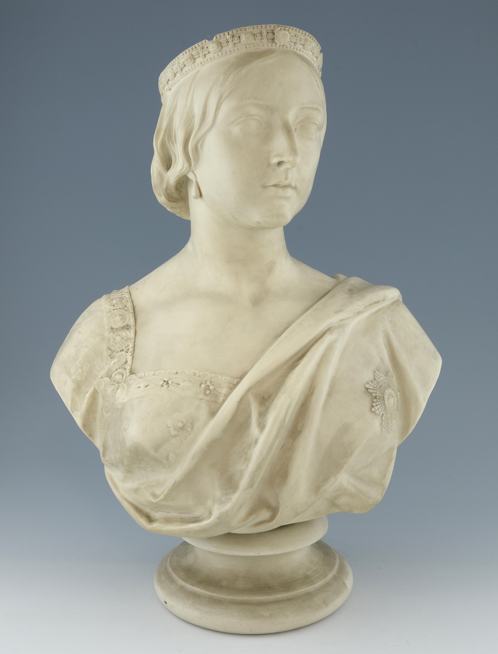 Copeland parian ware bust of Queen Victoria, on socle base, after M. Noble, 1856, 57cm high, .