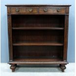 Rosewood and rosewood effect open bookcase with two drawers over three shelves on carved bun feet,.