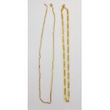 Two gold chains, wheat link chain, with bolt ring clasp measuring 49cm in length, with Figaro link