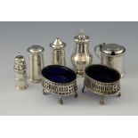 George VI silver cruet set, comprising salt, pepperette and mustard pot and cover, by Viner's