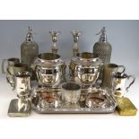 Pair of silver plated wine coolers with gadrooned rims, pair of candlesticks, soda syphon, small