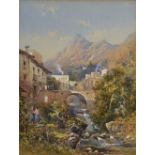 Continental school, Tyrolean village scene with a bridge and a stream, watercolour, signed