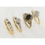 Four stone set rings, single stone diamond ring, ring size O, diamond flower cluster ring, size L,