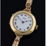 Rolex ladies 9ct gold cocktail dress watch, white enamel dial with red and black roman numerals on a