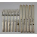 Part set of Edward VII silver five dessert knives and six forks, by Harrison Brothers & Howson,