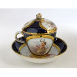 German porcelain chocolate cup and cover and saucer, crossed sword mark with dot and B. 11cm. All