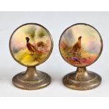 James Stinton, 1870-1961, Royal Worcester pair of menu holders depicting game birds, a pheasant