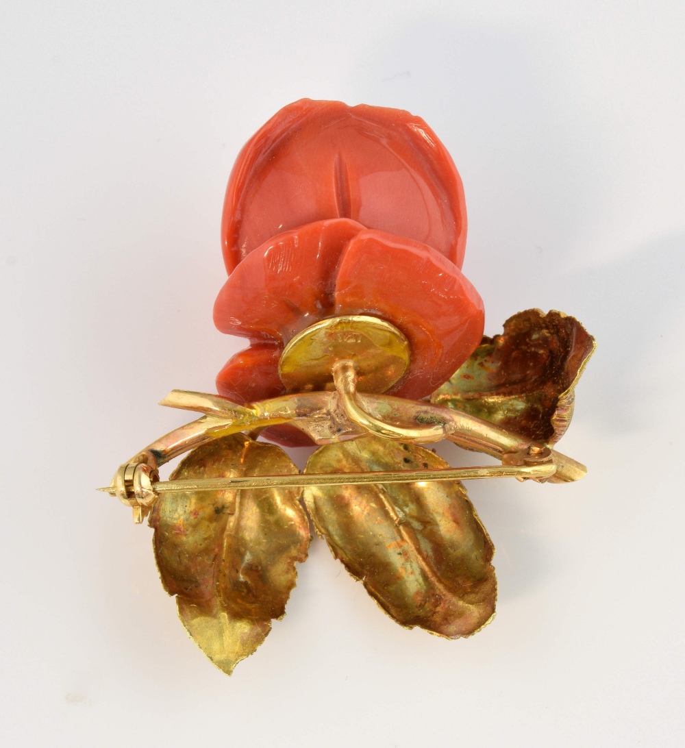 1950's Italian coral rose brooch, with leaf and stem detailing, measuring approximately 4.5cm x 4cm, - Image 2 of 4