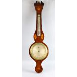Mahogany and marquetry inlaid wheel barometer with thermometer, the silvered dial signed P.