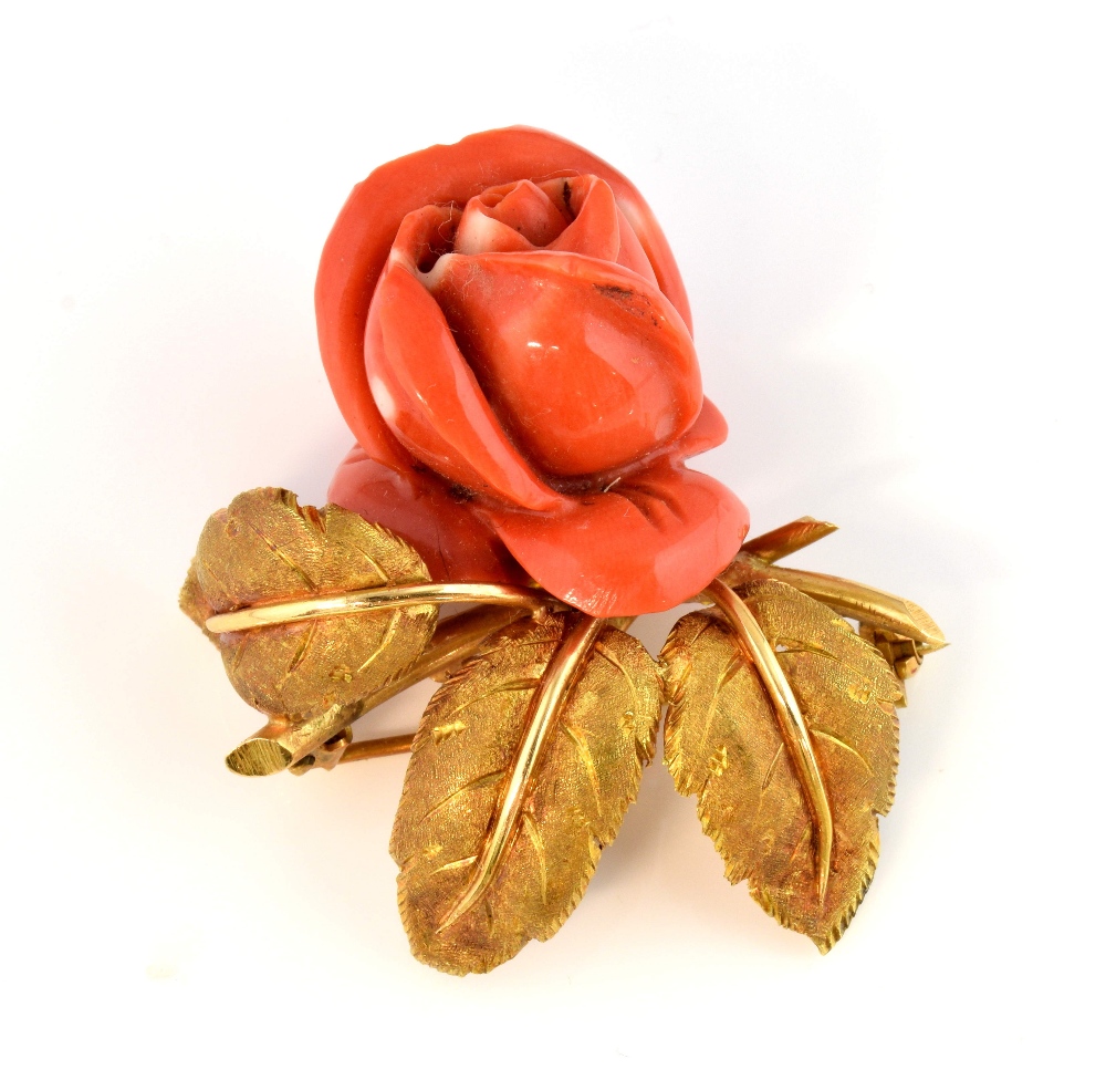 1950's Italian coral rose brooch, with leaf and stem detailing, measuring approximately 4.5cm x 4cm,