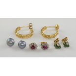 Four pairs of earrings, ruby and diamond cluster, and gold hoops both 18 ct, small emerald and