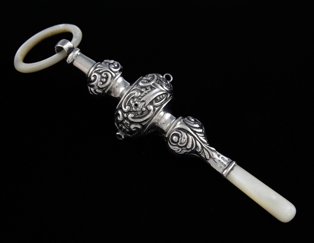 George V silver rattle with mother-of-pearl teething ring and handle, by Saunders & Shepherd,