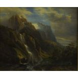 19th Century alpine landscape with waterfall and torrent, unsigned, oil on canvas, 32cm x 38cm .