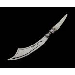 Scimitar silver bookmark with mother of pearl handle, 9.5 cms gross weight 4.5 grms.