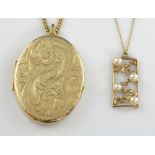 Group of gold jewellery, an engraved oval locket, 5 x 3.5 cm, a pearl set pendant and two chains, 9