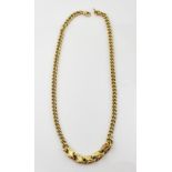 Gold necklace, curb link chain with five larger central links, measuring 40cm in length, with