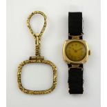 Early 18th C quizzing glass, gilt metal, with ladies wristwatch, movement signed Movado 15 jewels