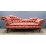 Victorian button back chaise longue upholstered in burgundy patterned brocade fabric and braiding