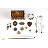 Group of mainly silver and white metal jewellery, including ethnic items in a marquetry inlaid chest