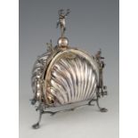 19th century silver plated three shell table centrepiece with three foldout dishes, 29 cms high.