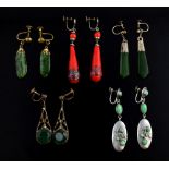Five pairs of vintage earrings, one pair of silver set with nephrite, another green chalcedony,