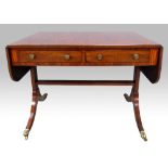 19th century mahogany and cross banded sofa table on twin-end supports and brass casters 72cm x 95cm