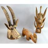 African wooden animal models, including a black and white horned gazelle, 50 cm high, a horned