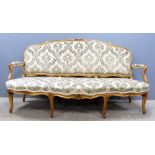 Louis XVI style gilt framed sofa with upholstered seat and back 193cm long.