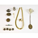 A collection of jewellery, four brooches, including turquoise and old cut diamond floral bar brooch,