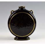 Wedgwood black glazed moon vase with gilt line decoration, 22 cms high. minor wear to gilt to