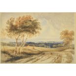 In the manner of Copley Fielding, landscape of a road and fields, watercolour, 17.5 x 25.5 cm,