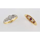 Two Edwardian rings, one set with three rubies and two diamonds in 18 ct gold and another set with