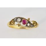 Edwardian ruby and diamond ring, central round cut ruby, old cut diamond and two rose cut