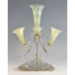 Victorian silver plated and yellow vaseline glass epergne with three scrolling arms on shaped base