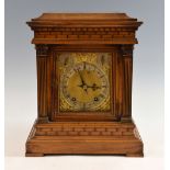 Walnut cased bracket clock with barrel twin train movement, subsidiary seconds dial, chime/silent