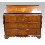 19th century continental serpentine walnut bureau with floral marquetry inlaid decoration, the