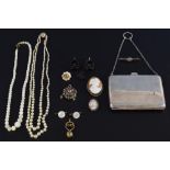 Group of jewellery including a Austro Hungarian pendant, jet earrings, cameo brooches, faux pearl