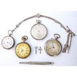 Ladies silver pocket watch with pencils on chain, two others and a stop watch, (4),.