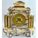 Early 20th century pink marble twin train mantel clock in architectural form case, 32cm x 38cm.