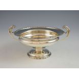 George V silver bowl with twin scrolling handles on round foot, by Barker Brothers, Chester, 1919,