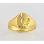 Oval signet ring, with engraved detail, and round brilliant cut diamond, set in 18ct yellow gold,