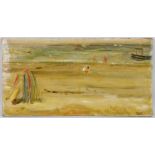 Jim Forsyth, 20th century, beach scene with tents and figures, signed, inscribed verso a wedding