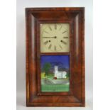 American style walnut wall clock inset with glass panel with church scene - 68 x 40 cm .