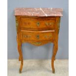 French serpentine mahogany bombe chest with marble top over two drawers, on carved cabriole legs