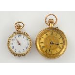 Gold open faced pocket watch, gilt dial with Roman numerals, engraved 18ct gold case, together